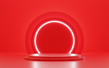 Red 3d background. Empty podium mockup with red ring light. Cosmetics empty mockup render pedestal. Presentation template website banner. Empty elegant award stage. Decoration podium, red ring light.