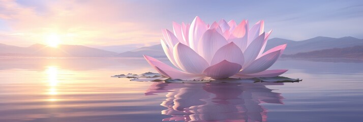 Pink waterlily or lotus flower in mourning lake in sunlight. Enlightenment and universe. Magic spa and relaxation banner with copy space. Concept of religion, kundalini and meditation - obrazy, fototapety, plakaty