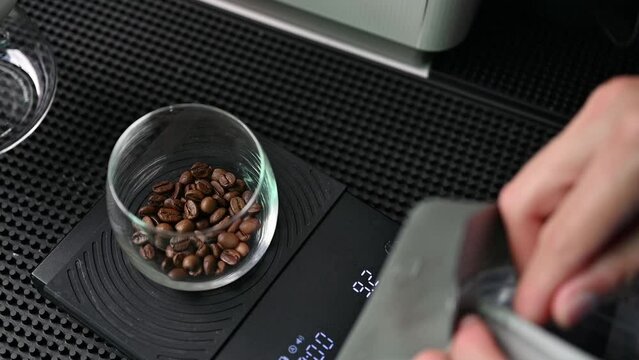 Barista holding a tablespoon roasted coffee beans and adding coffee beans into a glass cup for measuring weight.