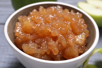 Delicious apple jam in bowl on table, closeup