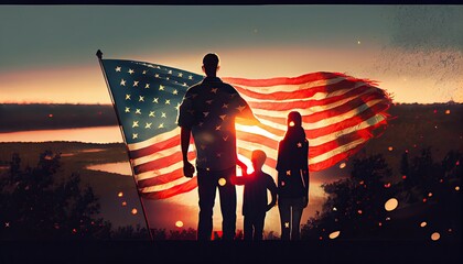 young family american flag sunset celebrates independence day usa celebrate 4th july patriotic holiday patriot adult america background beautiful blue blurred bokeh card celebration country couple - obrazy, fototapety, plakaty