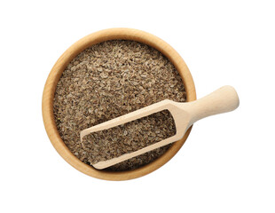Bowl of dry dill seeds and scoop isolated on white, top view