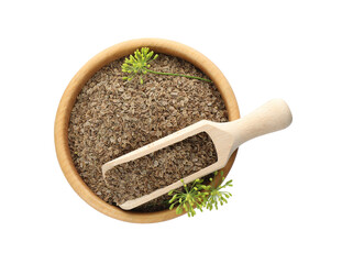 Bowl of dry seeds, fresh dill and scoop isolated on white, top view