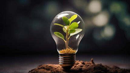 Blooming plant growing inside a light bulb represents eco-friendly green technology and innovation for sustainable business