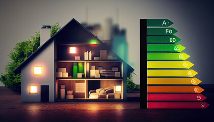 energy efficiency concept rating chart agram ecological house low consumption renovation insulation efficient green certificate ecology environment classification technology evaluation electric - obrazy, fototapety, plakaty
