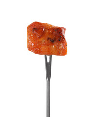 Fondue fork with piece of fried meat isolated on white