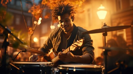 Young musician man play in band on drums and guitar near cafe in evening city street - Powered by Adobe