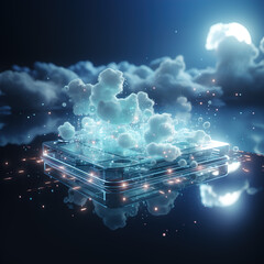 Cloud storage technology with glowing fractal lights cloudy night sky