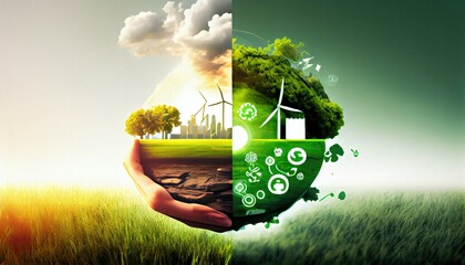 sustainable development green business based renewable energy reduce co2 emission concept businesses can limit climate change global warming environment carbon dioxide agreements atmosphere - obrazy, fototapety, plakaty