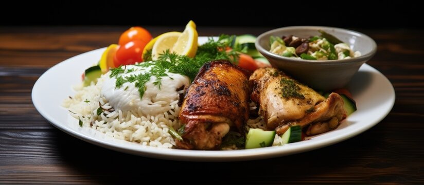 The white plate was elegantly adorned with a delectable combination of tender chicken meat, fragrant rice, and vibrant vegetables, creating a healthy and flavorful Arab dish, reminiscent of a gourmet