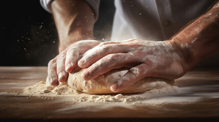 professional chef's hands knead dough with flour on a wooden table created with Generative AI Technology - obrazy, fototapety, plakaty