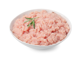 Fresh raw minced meat and rosemary in bowl isolated on white