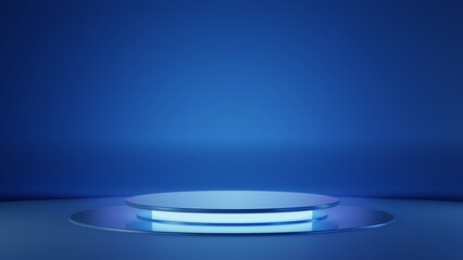 Blank product stand with neon lights on pastel blue and white background. 3d rendering blue neon backgriund circle, cylinder, stand, podium, product promotion. Empty backdrop. Gaming promotion.