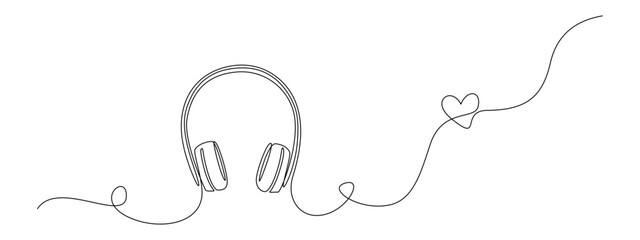 Continuous one line drawing of headphones speaker with heart shape. Music gadget and earphones devices in simple linear style. Editable stroke. Doodle vector illustration