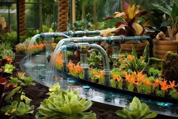 Innovative Automatic garden watering system sunset. Outdoor lawn. Generate Ai