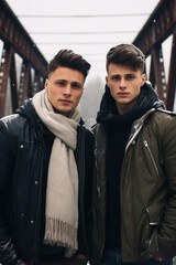 Closeup portrait photo of 2 fashionable young man