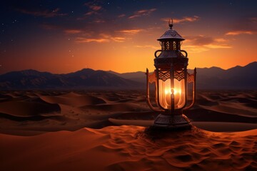Illuminated Ramadan lantern in desert. Islamic crescent star. Generate Ai