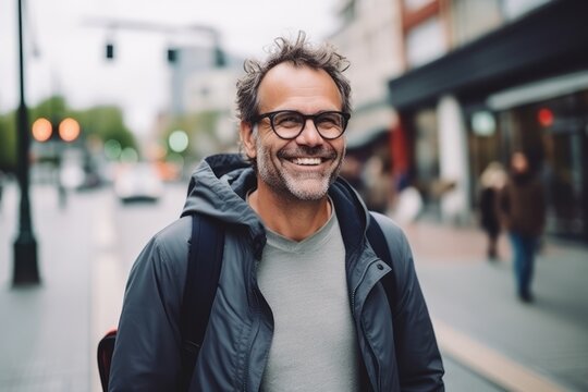Portrait of a smiling middle-aged man walking in the city