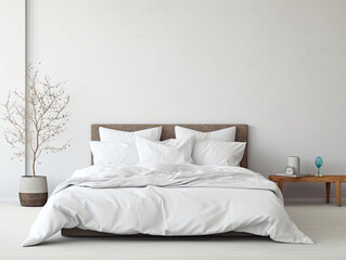 Front view of a bed mockup made from white bed sheets in a modern white minimalist room created with Generative AI Technology 