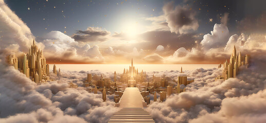 Stairway to heaven. Golden City. Clouds. Banner. Generated AI. Photoshop has been improved. - obrazy, fototapety, plakaty
