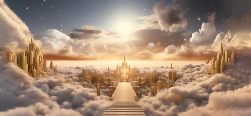 Foto op Aluminium Stairway to heaven. Golden City. Clouds. Banner. Generated AI. Photoshop has been improved. © Елена Дзюба