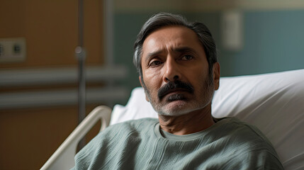 Middle aged male patient in hospital with sad face is relaxing in bed and being treated in hospital - obrazy, fototapety, plakaty
