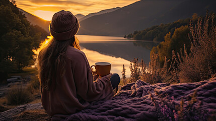a woman seen from behind is sitting by the lake relax enjoying a cup of hot tea with a view of the lake, beautiful mountains and the sunset created with Generative AI Technology