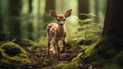 A baby deer is playing in the middle of the forest and looking ahead created with Generative AI Technology