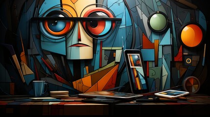 "Scholarly Vision"
A studious character immersed in research amidst a labyrinth of geometric creativity.