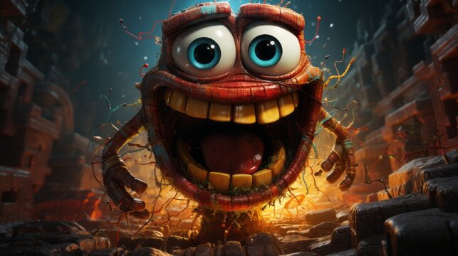 "Jovial Juggernaut"
A cheerful, animated character beams with a wide grin in a tumultuous, adventurous setting.