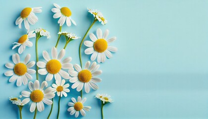 Chamomile flowers pastel blue background top view copy space composition Spring summer concept daisy flower white nature plant blossom yellow sky floral field beauty meadow green garden bloom