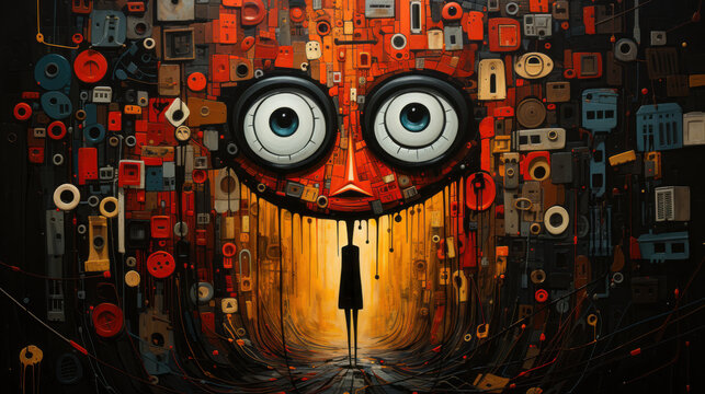  "Vivid Visionary"
A whimsical, wide-eyed face emerges from a kaleidoscopic tunnel of shapes and colors.