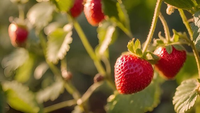 Closeup strawberry ripening vine, turning from light deep color. berries become plumper sweeter they reach full riss.