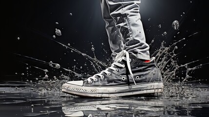"Dynamic Step"
A single sneaker mid-motion, capturing a dynamic splash, a frozen moment in time, stark against a dark backdrop.