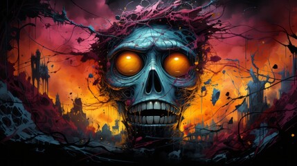 "Glow of the Abyss"
A skull with glowing eyes emerges from a chaotic backdrop, resonating with a macabre and otherworldly aura.