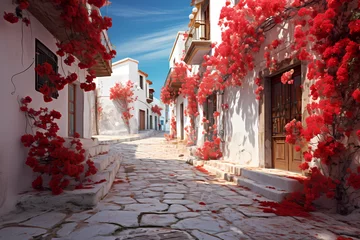 Store enrouleur tamisant sans perçage Ruelle étroite A narrow street lined with white buildings decorated with flowers