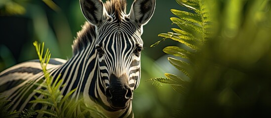 In the African jungle, a black and majestic animal with bold stripes roams freely, its portrait captured in a mesmerizing photo, showcasing the natural beauty of wildlife in its purest form. Whether - obrazy, fototapety, plakaty