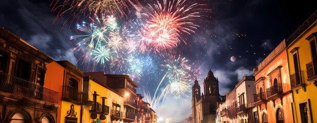 beautiful mexico city at night with fireworks on a day of celebration - obrazy, fototapety, plakaty