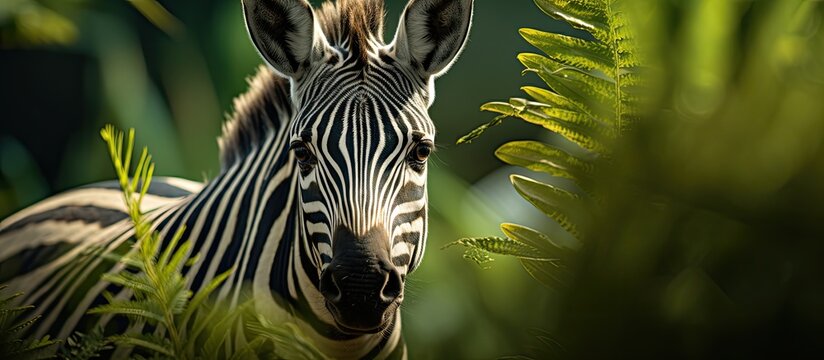 In the African jungle, a black and majestic animal with bold stripes roams freely, its portrait captured in a mesmerizing photo, showcasing the natural beauty of wildlife in its purest form. Whether