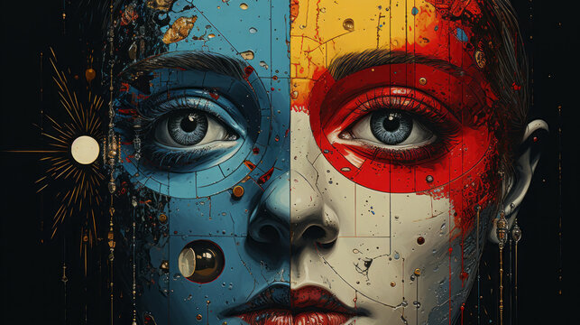 "Spectrum Gaze"
A visage adorned with a kaleidoscope of colors, evoking both complexity and intrigue, marred by splatters.