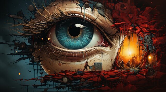 "Watcher of the Fiery Veil"
An immense, watchful eye dominates a fiery hellscape, evoking a guardian's vigilance over a chaotic realm.