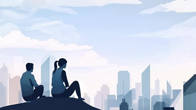 A Man And Woman Sitting On The Edge Of A Roof Looking Out Over A City Skyline Discussing The Mentees Business Plan.. .