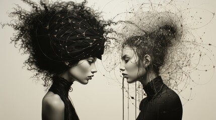 "Mirrored Minds"
Two figures, their hair wildly unfurling into abstract forms, confront each other in a space that blends realism and fantasy. The symmetrical composition suggests a mirrored self.