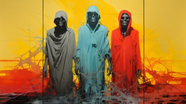 "Vivid Division"
The artwork depicts three figures draped in cloaks against a three-panel backdrop of stark, contrasting colors. The striking use of red, teal, and beige hints at underlying themes.