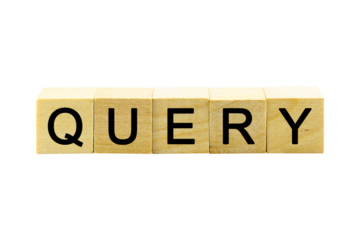 "QUERY" text or message short word english letter on a small wooden cubes block with white background.