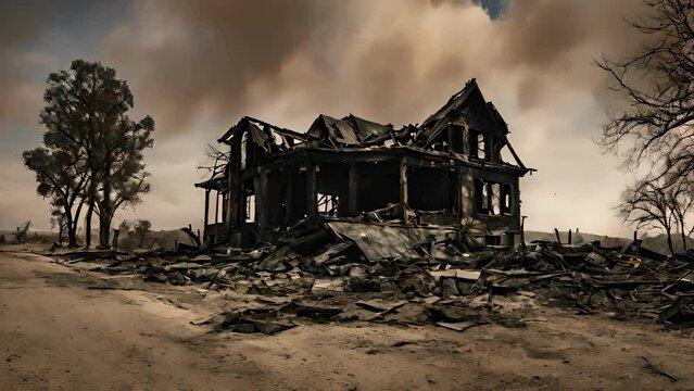 Closeup burnedout home, charred remains somber reminder devastating impact wildfires communities. climate change contributes frequency intensity wildfires, more homes
