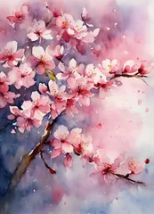 Plexiglas foto achterwand 桜の水彩画、春背景｜Watercolor painting of cherry blossoms. spring background. Generative AI © happy Wu 