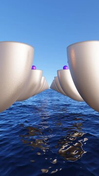 Rows of metal objects to the horizon synchronously rotate over the sea generating electricity surreal abstract in vertical animated video content