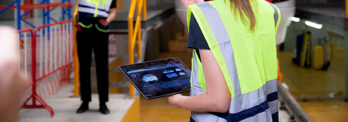 Young caucasian engineer woman using digital tablet and man or worker checking electric train for...