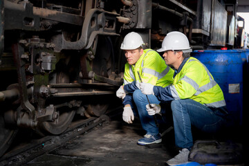 Young caucasian engineer man maintenance and repair train diesel engine in station, team engineer inspect system transport, technician checking infrastructure, transportation and industry.